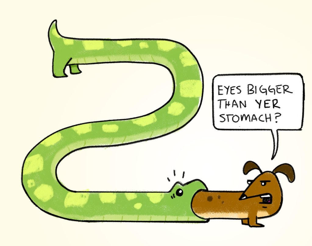 thingamadoodles comic, hungry snake is no match for dachshund, the wiener dog wins